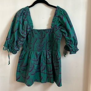 NWT Anthropologie X Porridge Jina Smocked Babydoll Green Top Size M